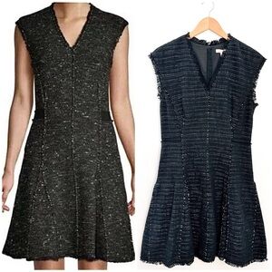 Rebecca Taylor Dress Tweed Black White Knit Shift Fringe Fit Flare V-neck 8